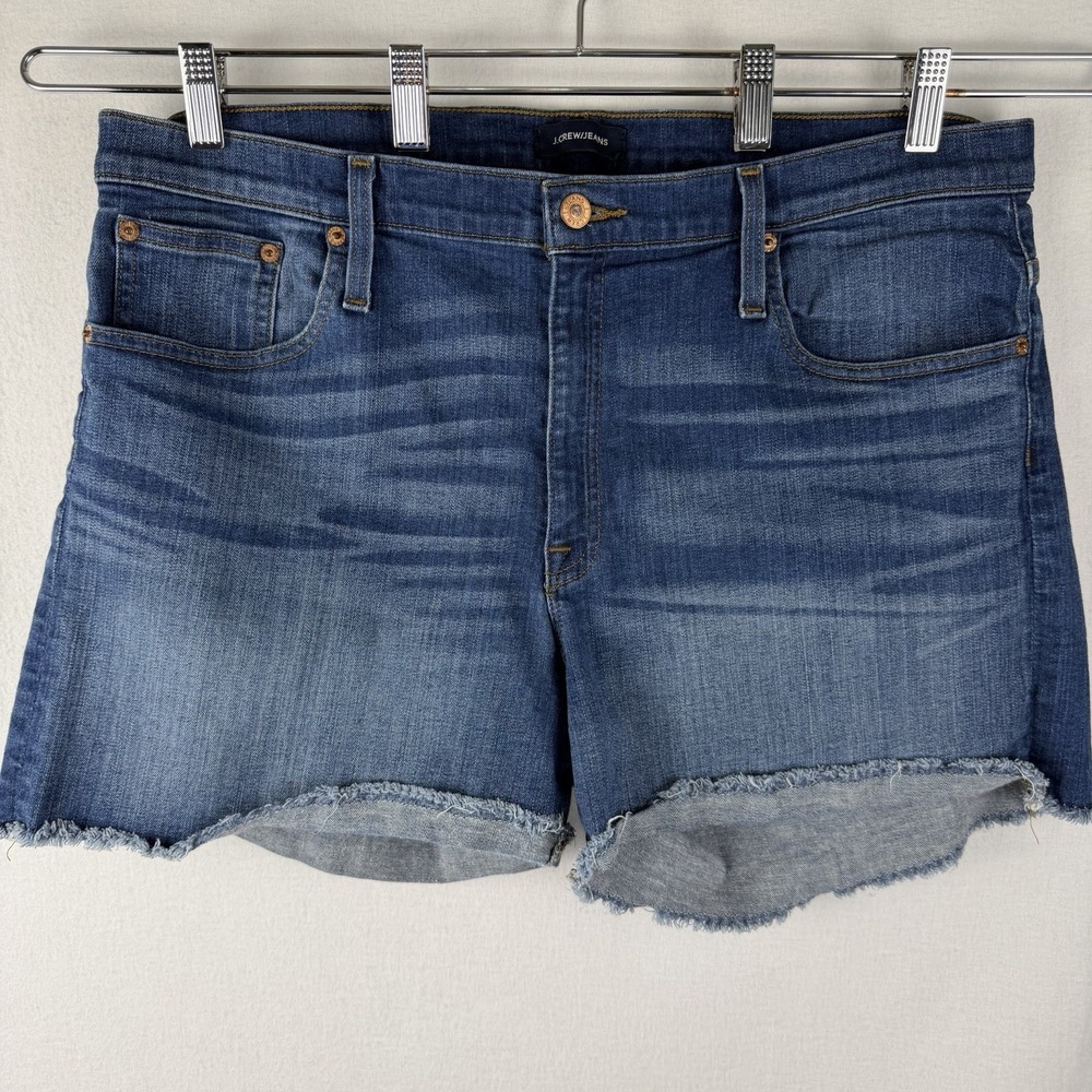 JCrew Jeans Denim Womens Shorts Sz 33 Stretch Frayed Cuff Blue Distressed Cutoff